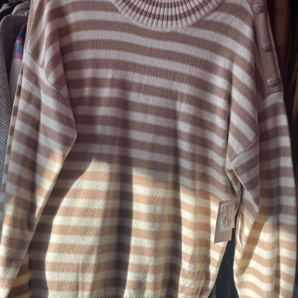 Olivia Sky Beige Striped Turtleneck Sweater